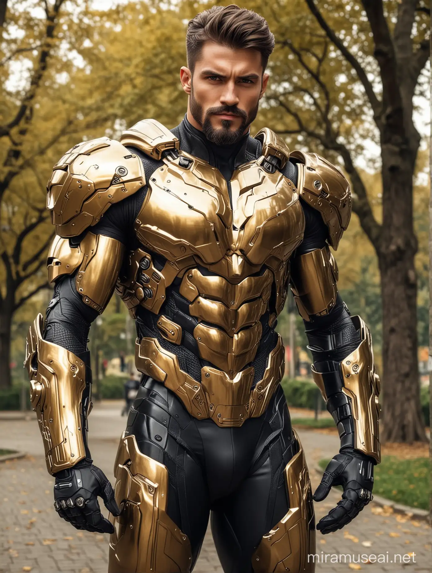 Tall and handsome bodybuilder men with beautiful hairstyle and beard with attractive eyes and Big wide shoulder and chest in sci-fi High Tech golden, sliver and black armour suit with firearms standing with girl on park 