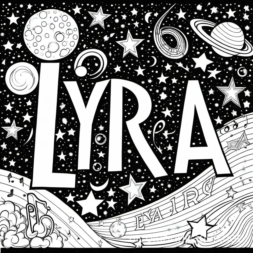 Large letters with name LYRA with the constellation Lyra in the background, along with other stars, planets, a harp and music notes, Coloring Page, black and white, line art, white background, Simplicity, Ample White Space. The background of the coloring page is plain white to make it easy for young children to color within the lines. The outlines of all the subjects are easy to distinguish, making it simple for kids to color without too much difficulty