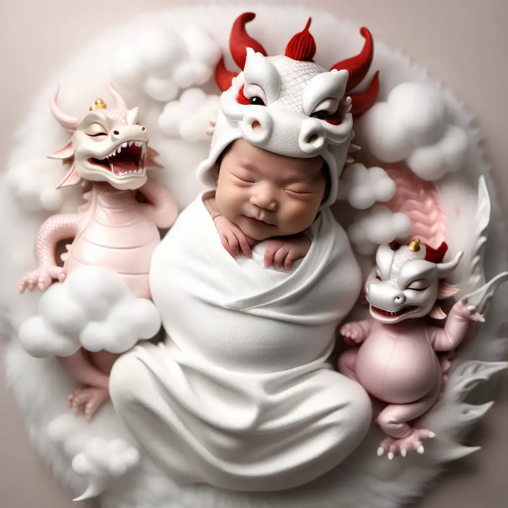 cute chinese dragon closed eyes smiling newborn baby with asian fantasy oriental clouds and dragons chinese dragon background in white colour dragon hat and clean neutral soft colours girly