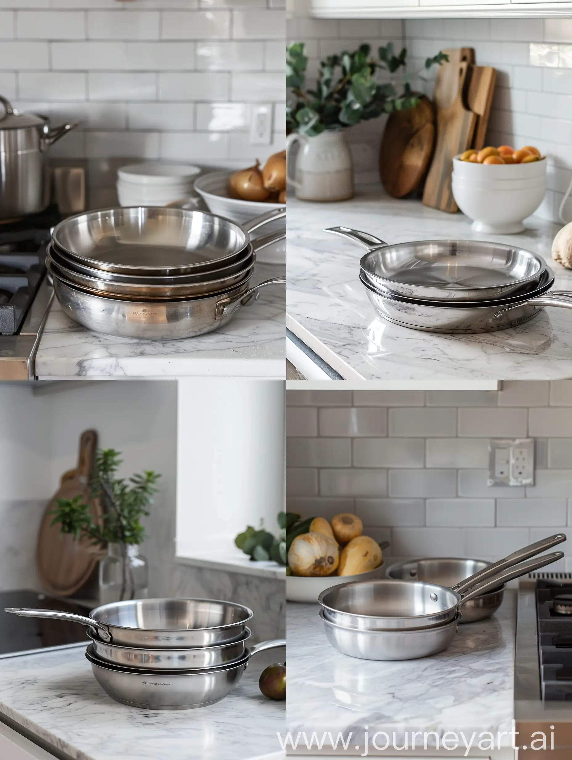 Nesting-Stainless-Steel-Pans-in-a-Marble-Kitchen