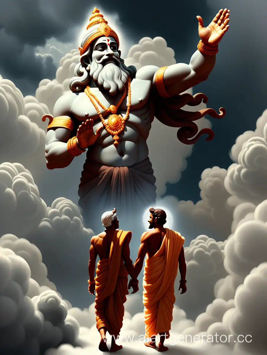 picture of a god and a devotee talking together while walking in between clouds 