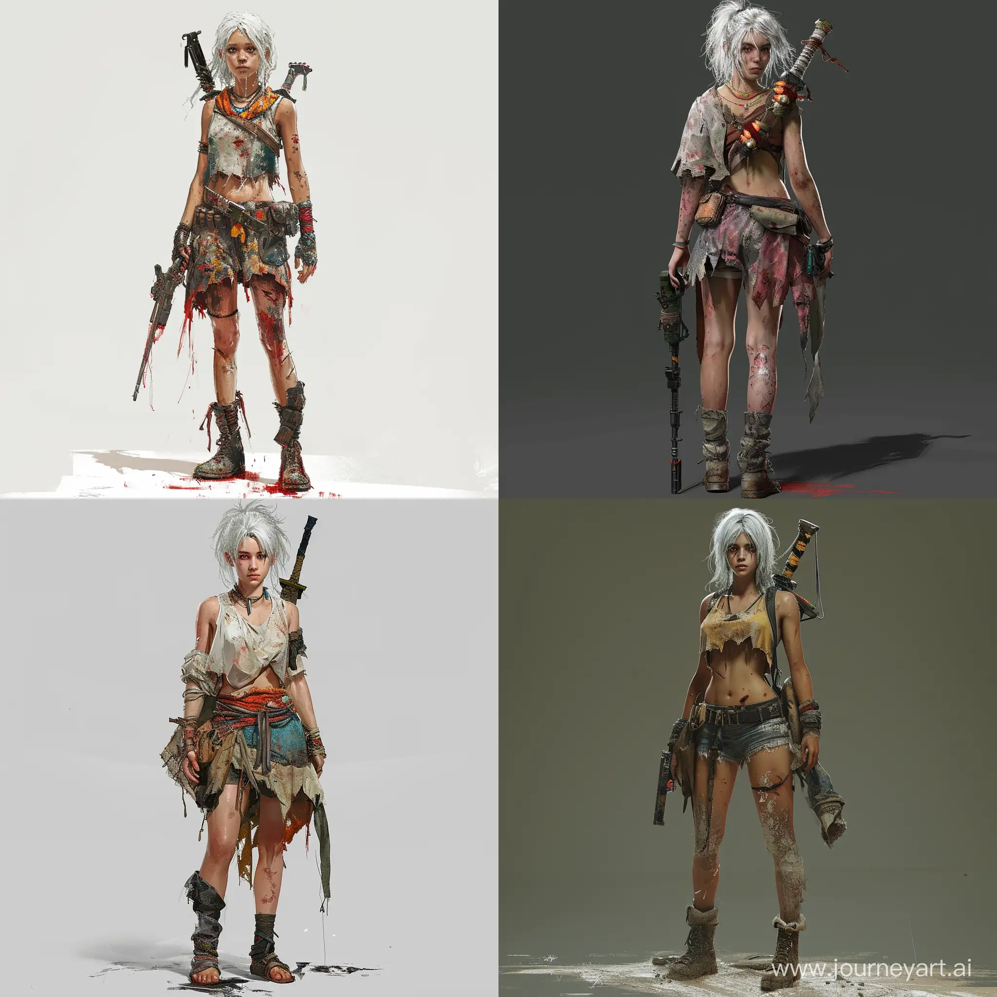 The character is a woman, with white hair, about 16 years old, with shabby clothes and a weapon on her back