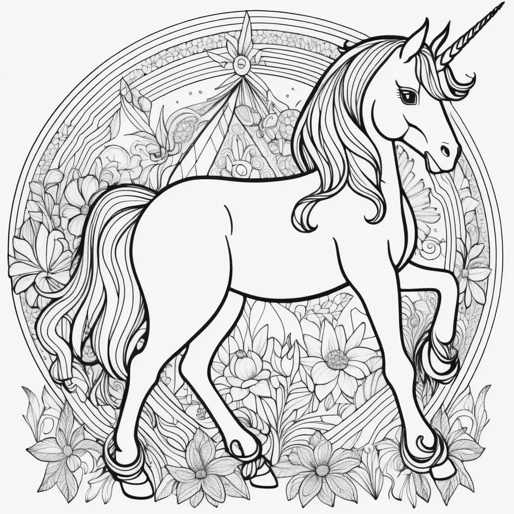adult coloring page, unicorn, show all four legs, clean lines, easy to color, white background