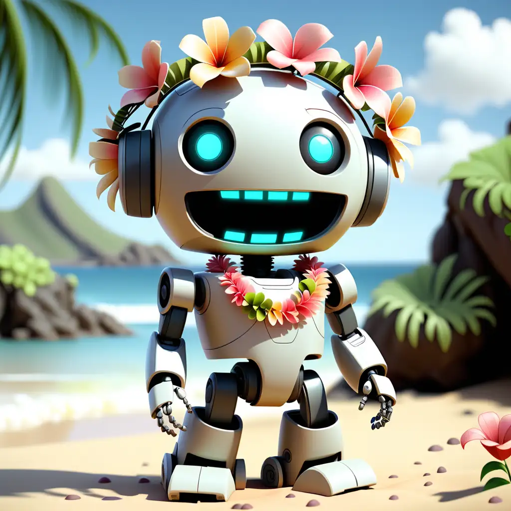 cute island ai bot, full body, wearing flower lei,  friendly, robot, smile

