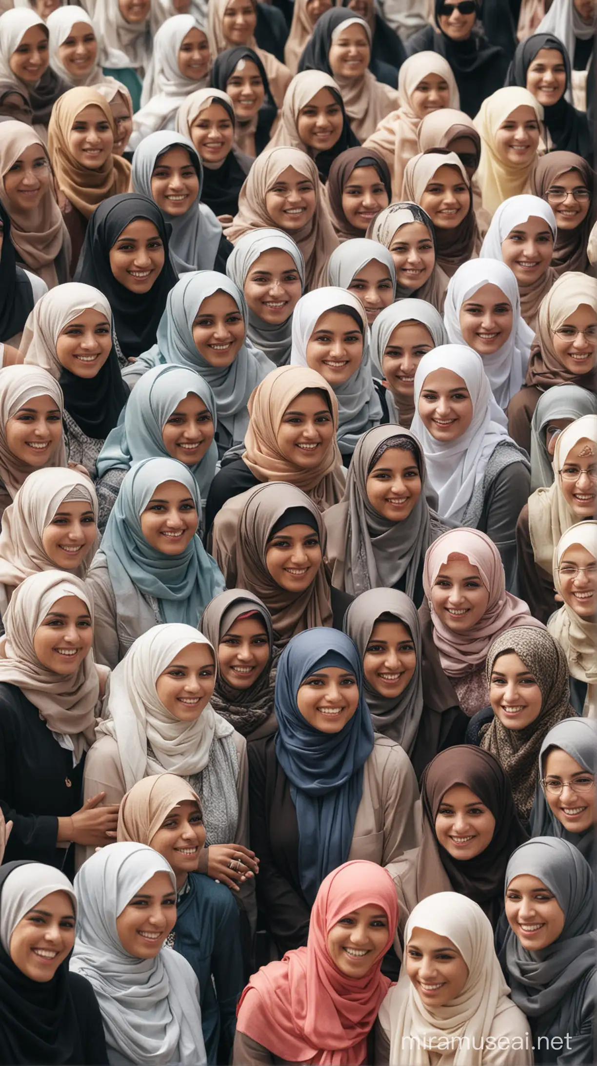 Image: A group of diverse Muslim women engaged in lively discussions and activities, symbolizing their active participation in society, like islamic sociaty