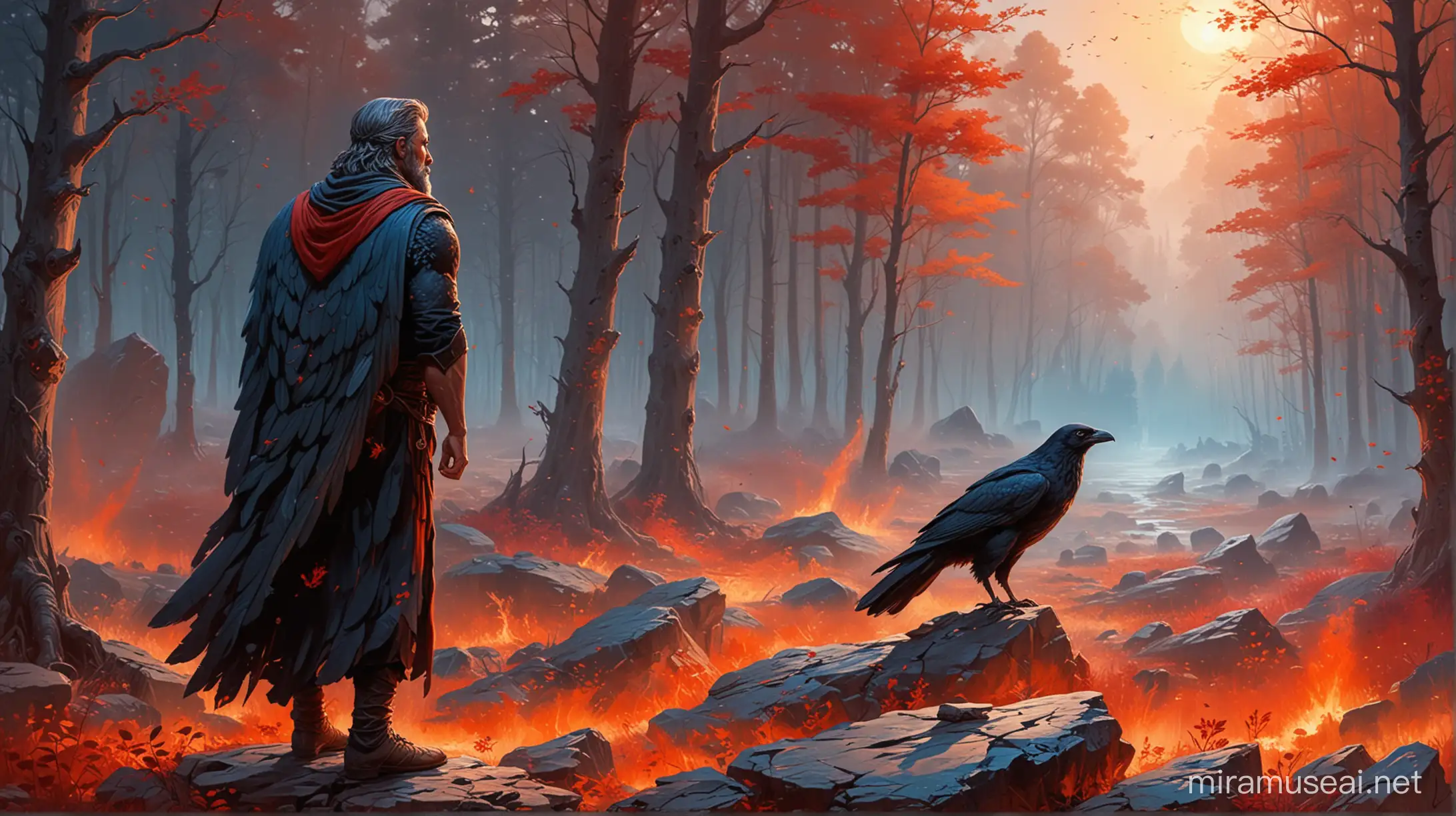 Stoicism, motivation, stoic muscular character
standing on a beautiful stone looking at the forest on fire
the leaves are red and blue in color and tan
the painting has a red glow, lots of fossils, ravens flying next to the characters