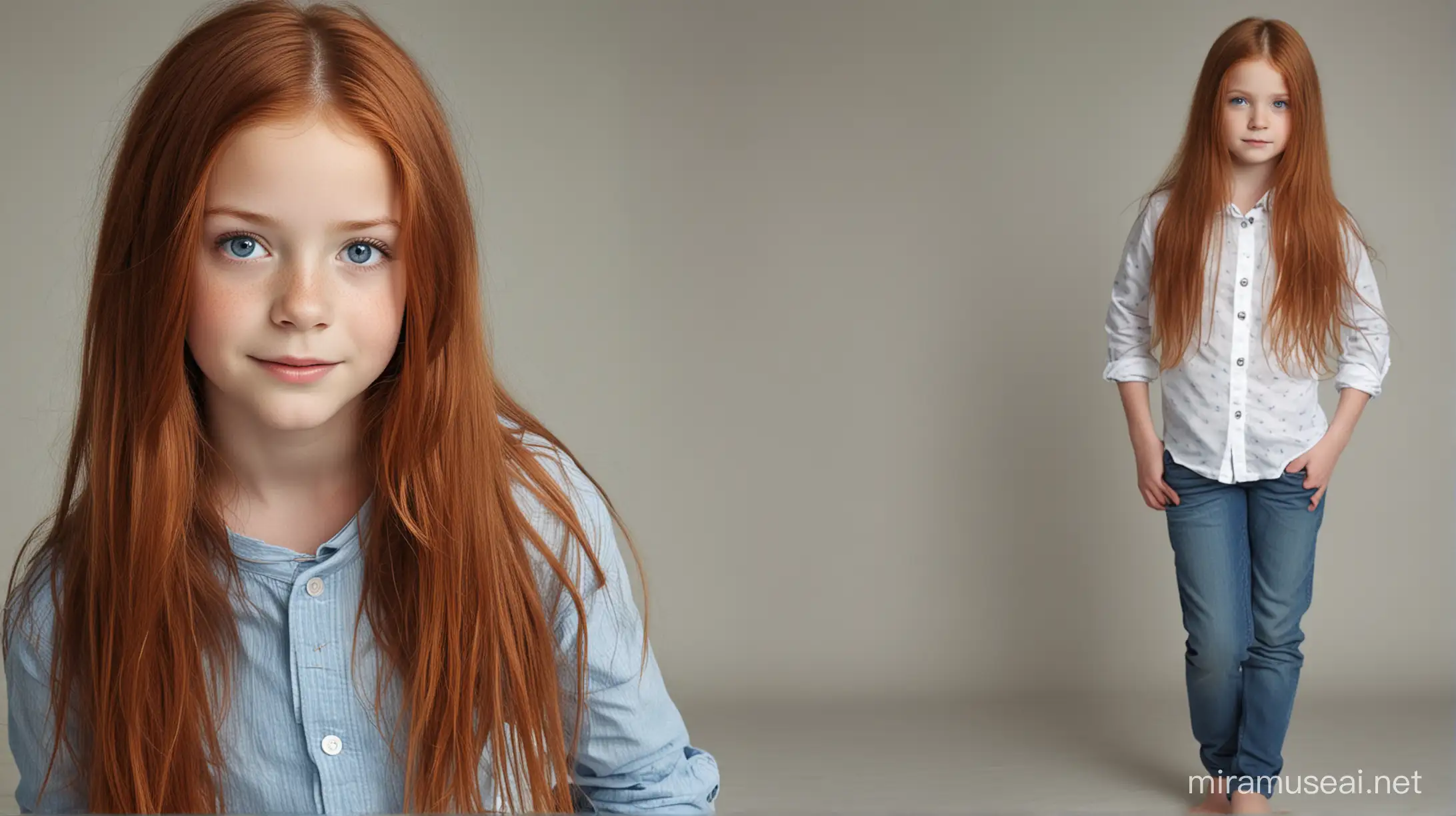 Long red hair and blue eyes 10 years old so cute and pretty girl wearing a long sleeve shirt with a trouser.