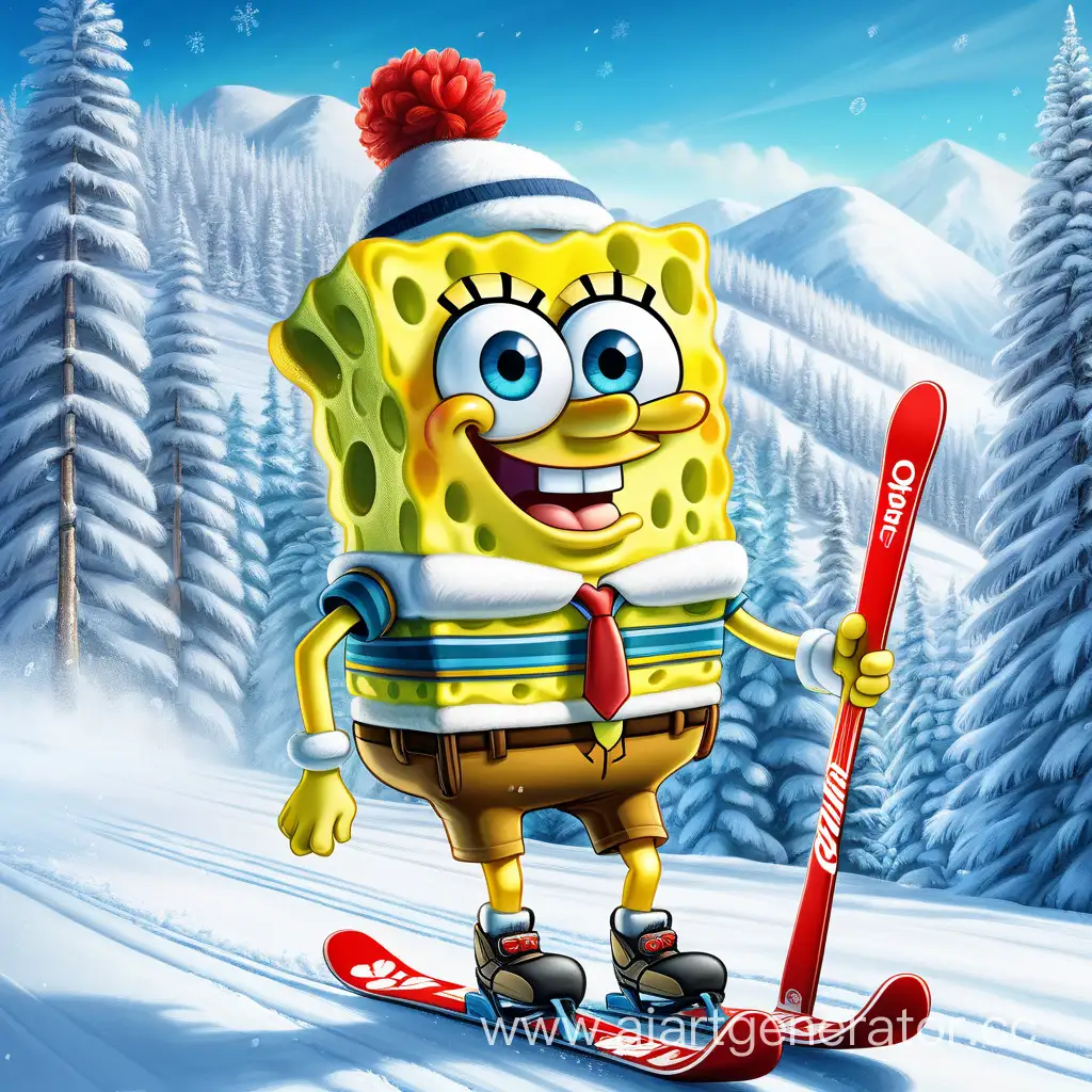 magnificent SpongeBob in a luxurious ski suit on cool skis, gliding on the ski slope in a beautiful pine forest; on the snow, it is written: ALINA AWAITS THE SKIING