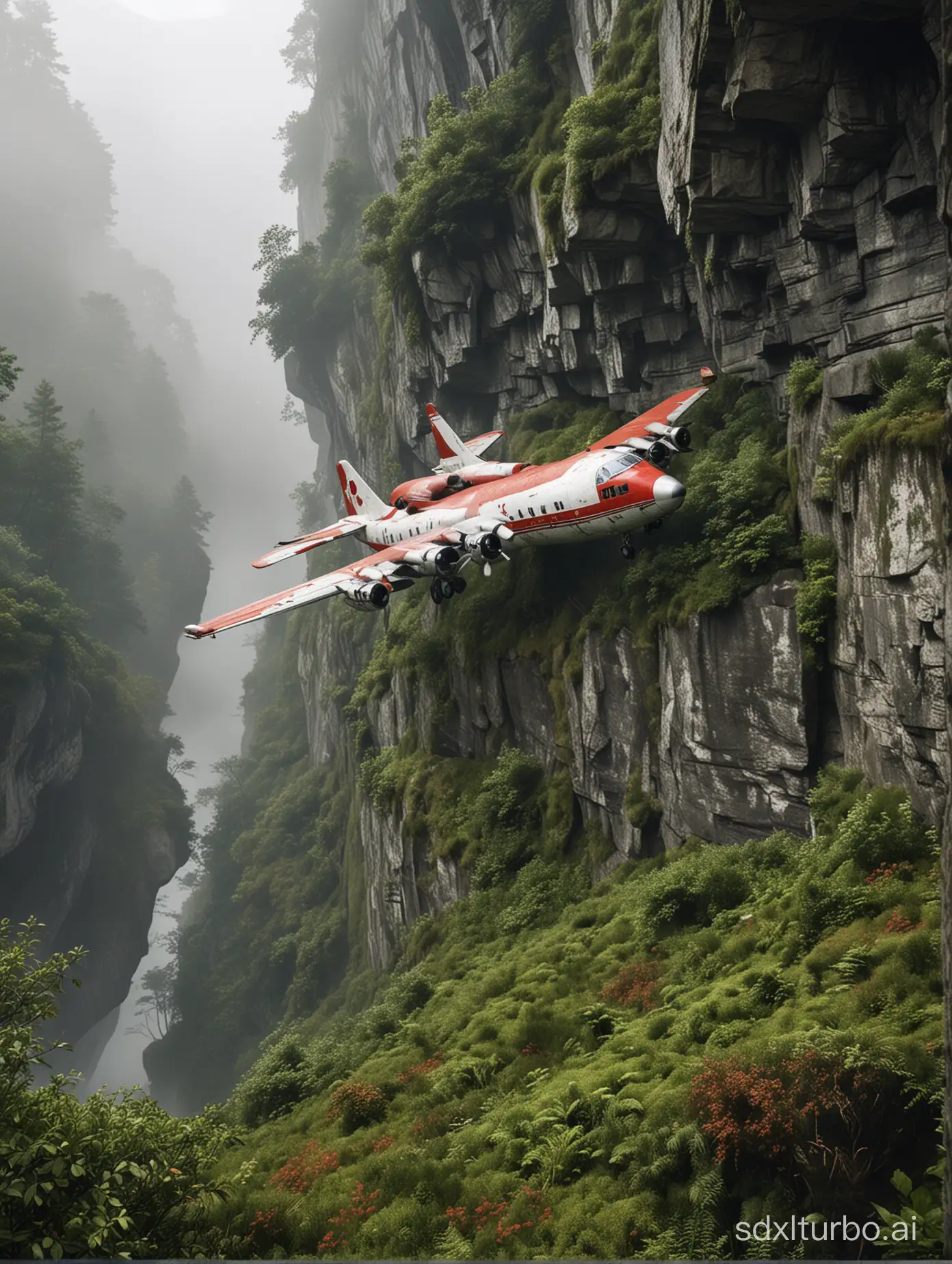 Create an old, ultra realistic airplane that appears to have been abandoned for a significant period. Its red and white colors are faded, and it's covered in moss and greenery, suggesting it has not moved from its spot for a long time. : The airplane is situated precariously on the edge of a steep cliff. The cliff itself is rocky and has sparse vegetation.  Below the cliff, there's a valley filled with mist and dense forest, contributing to the eerie and mysterious atmosphere of the scene.the Atmosphere: The mist, combined with the unusual placement of the airplane, evokes a sense of danger and desolation. There are no signs of people or any clues about how the bus ended up in such a precarious position.