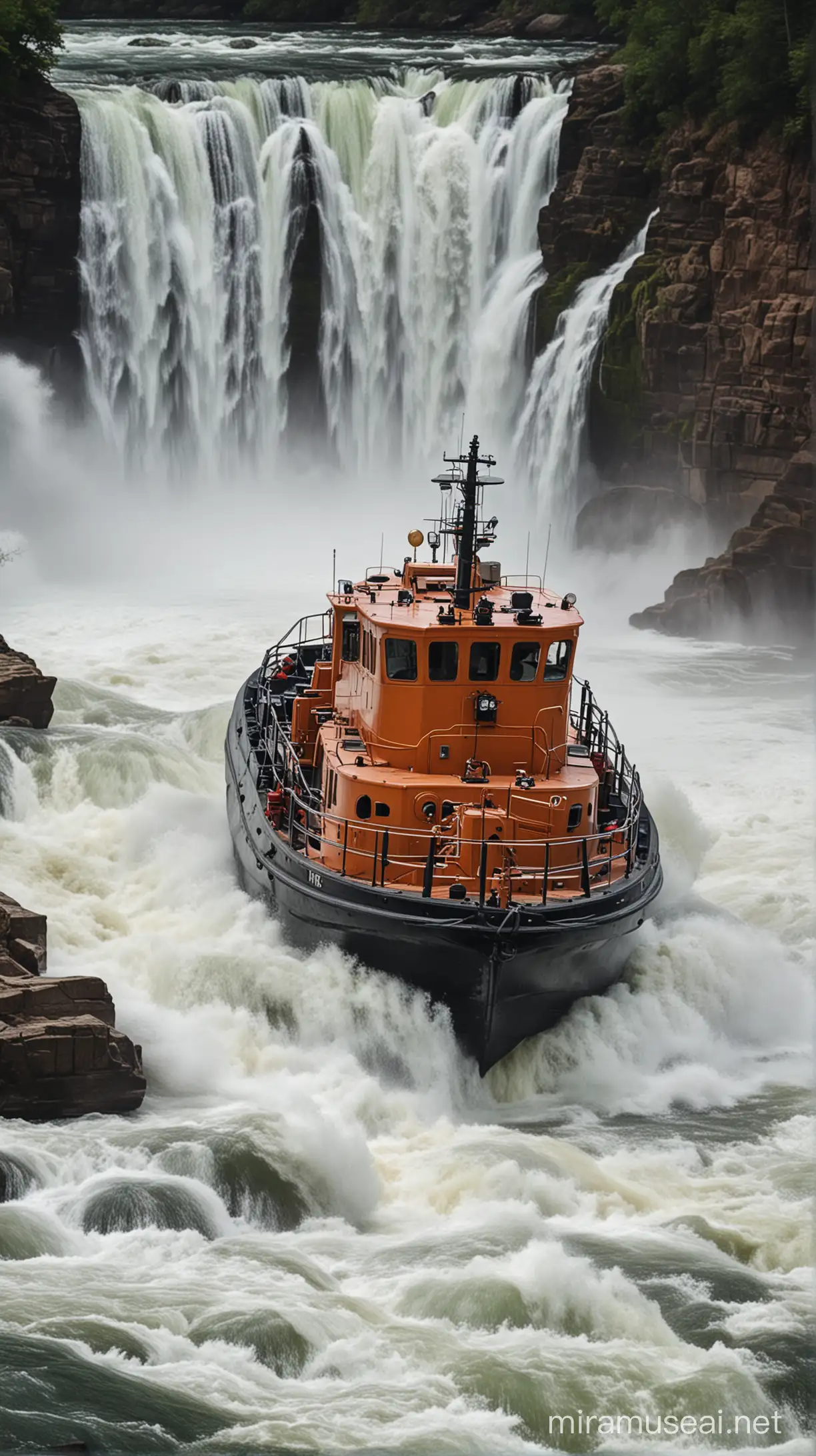 Tugboat Navigating River Rapids Towards Waterfall
