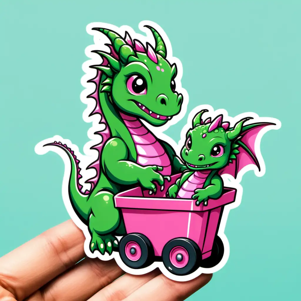Joyful Green Dragon Sticker with Pink Cart and Playful Baby