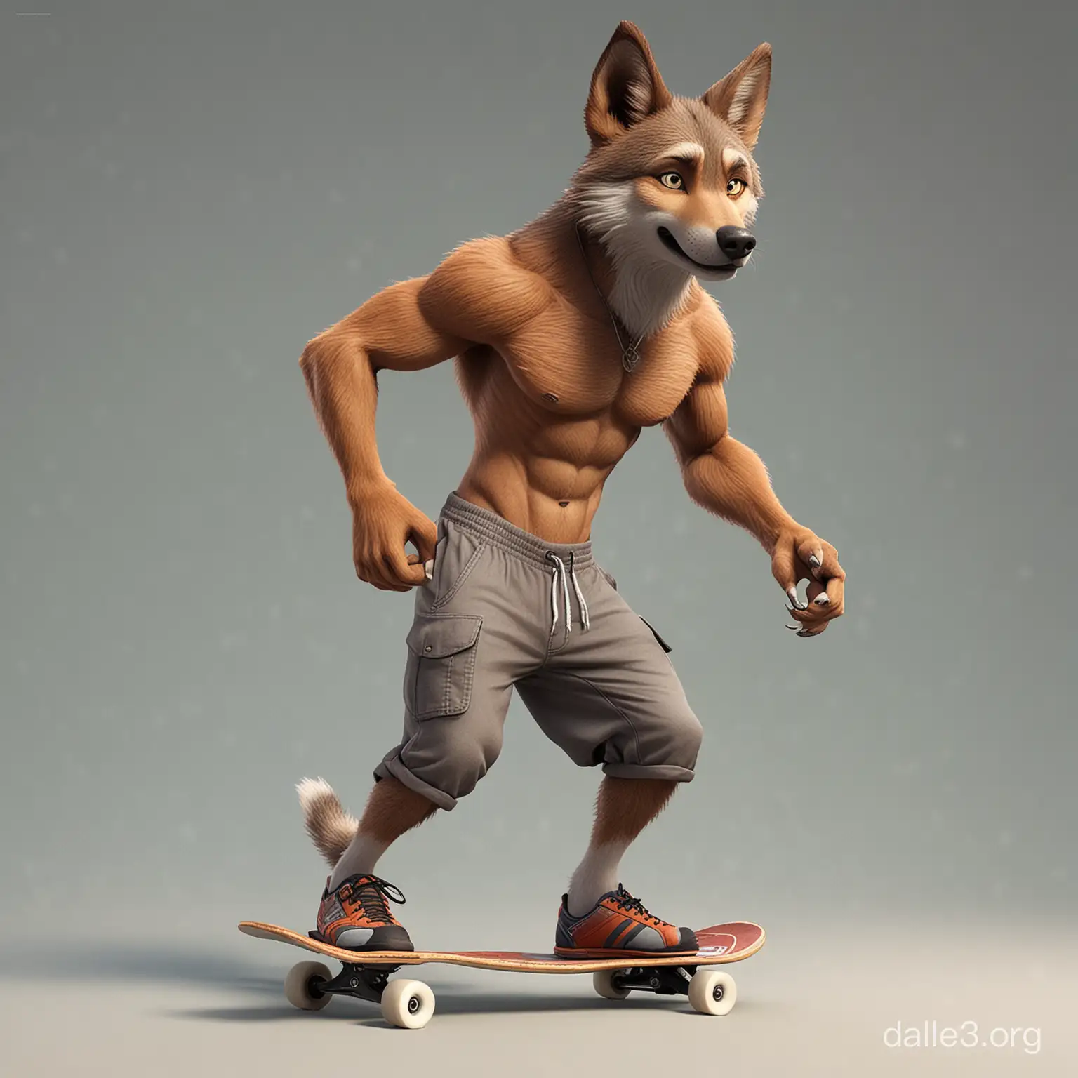 An anthropomorphic representation of a male anthropomorphic wolf with a Zootopia style engaging in the recreational activity of skateboarding. He is portrayed as a bipedal figure with distinct furry features and a low crotch, embodying a fusion of human and canine attributes. He is shirtless, showcasing a fluffy, exposed chest that accentuates the anatomical contours of its physique. The only bit of clothing that he is wearing is an extremely loose-fitting pair of sweatpants on his body, notably the sweatpants are purposely sagging low and the and the crotch of the sweatpants hangs very low because of how low the sweat pants are sagging on his waist, his sweatpants are sagging extremely low and are sitting very low on his hips drawstring untied. Notably his boxer shorts are exposed from his sweatpants sagging so low, indicative of a laid-back and carefree demeanor.  Notably NOT wearing any form of footwear, leaving the canine's paw-like feet fully exposed to the surrounding environment. This anatomical feature contributes to the overall portrayal of the canine as a vibrant and energetic being, fully immersed in the thrill of skateboarding. Make sure his sweatpants are sagging very low, he has a very loose pair of sweatpants that obviously are way to big for him and because of that, the sweatpants are sagging in a extremely saggy, loose, ill-fitted manner. Notably, he is not wearing any type of shirt, he is completely bare chested, revealing his fluffy abs and pecks