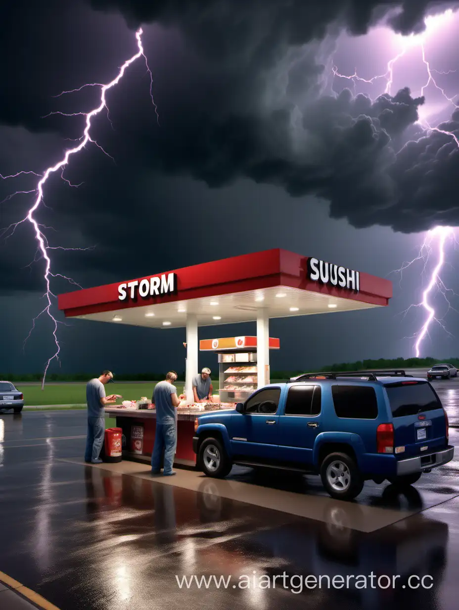 Tired storm chasers eat sushi at a gas station during a thunderstorm. Photorealistic