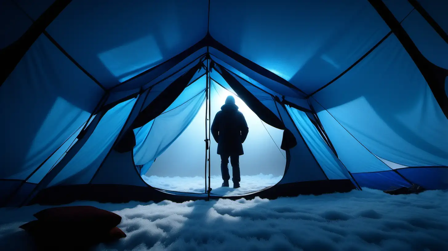 misty winter morning, blue light atmosphere, tent, light from inside, silhouette of guy inside, 1080f resolution, ultra 4K, high definition, volumetric light