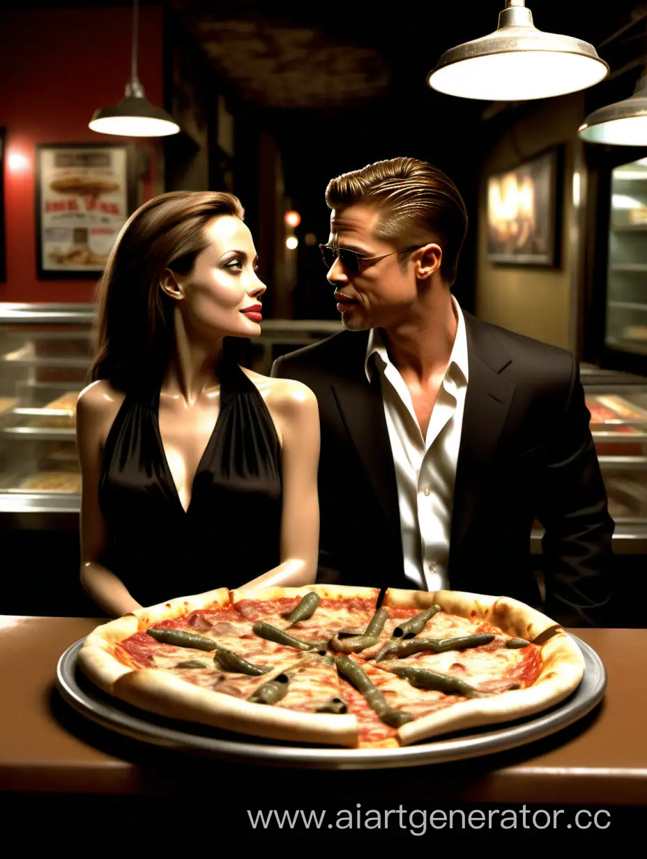Влюбленные Бред Питт и Анджелина Джоли из фильма Мистер и миссис Смит посещают пиццерию на свидании. Реалистичное изображение в стиле фотографии