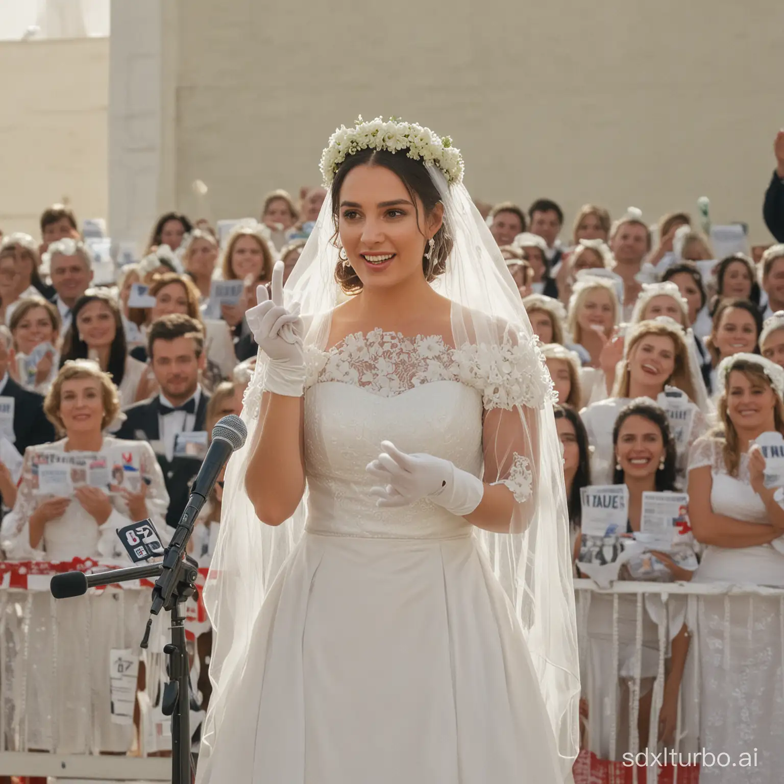 Crowd of brides in veil and wreath with white gloves speaking at the electoral podium for candidate Elza Silva dressed as a bride in veil and wreath with white gloves number 25 waving flag with stickers on dress in Anhangabau