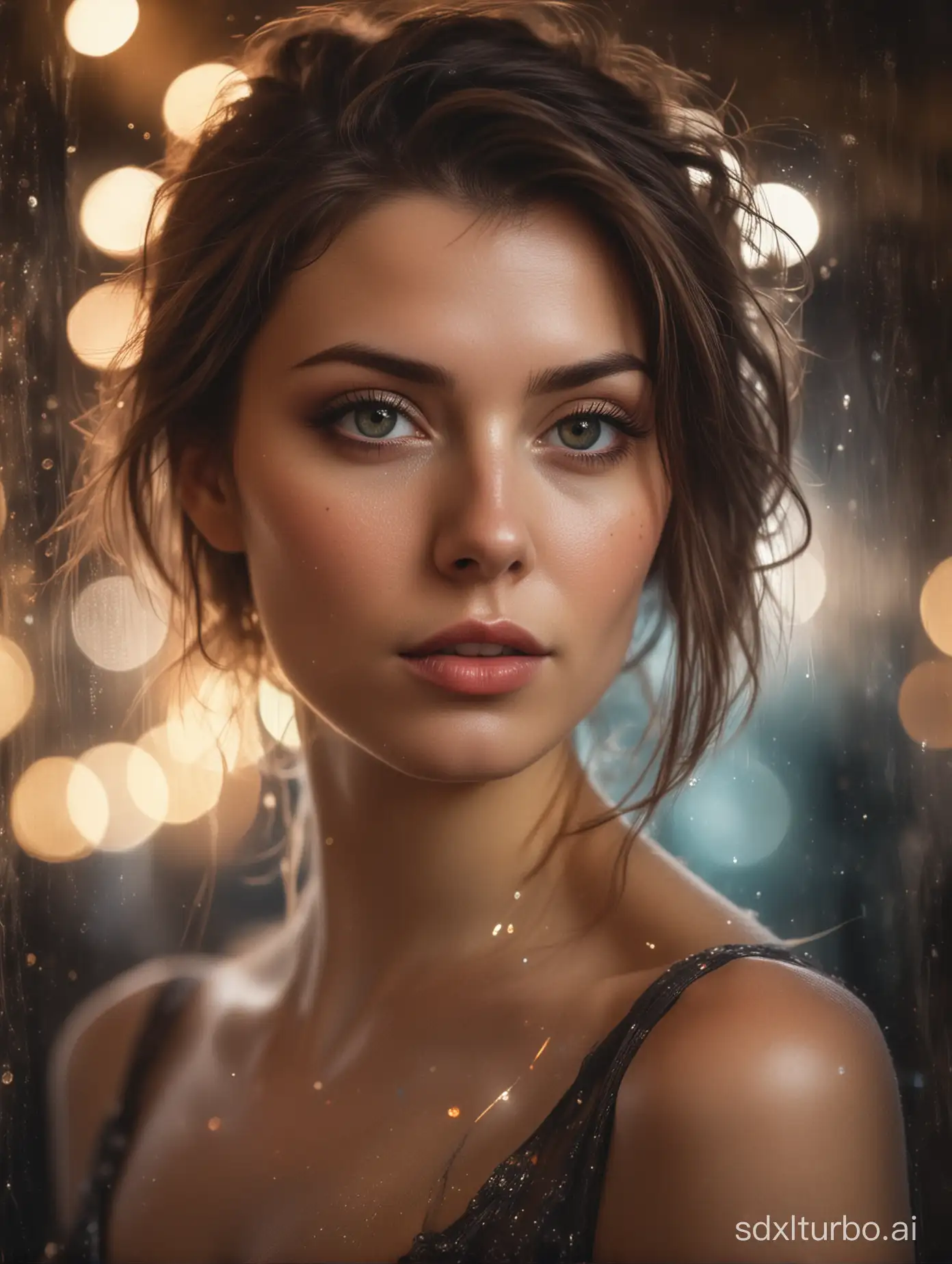 Dual exposure photo of a Bokeh Overlay and a blend of Bordluxe and Dames aesthetics, the woman's alluring gaze drawing you in, inviting you to explore the mystery that she is. The depth of field is shallow, keeping her in sharp focus while the bustling background blurs into an abstract painting of lights and shadows.