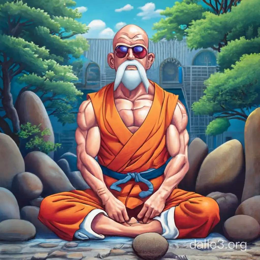 Master Roshi, stripped of his shirt, embraced a Christian-Templar philosophy in his training. How does he merge the teachings of the Bible with martial arts mastery? Illustrate the scene where he meditates beside the Holy Bible, seeking spiritual enlightenment alongside physical prowess.