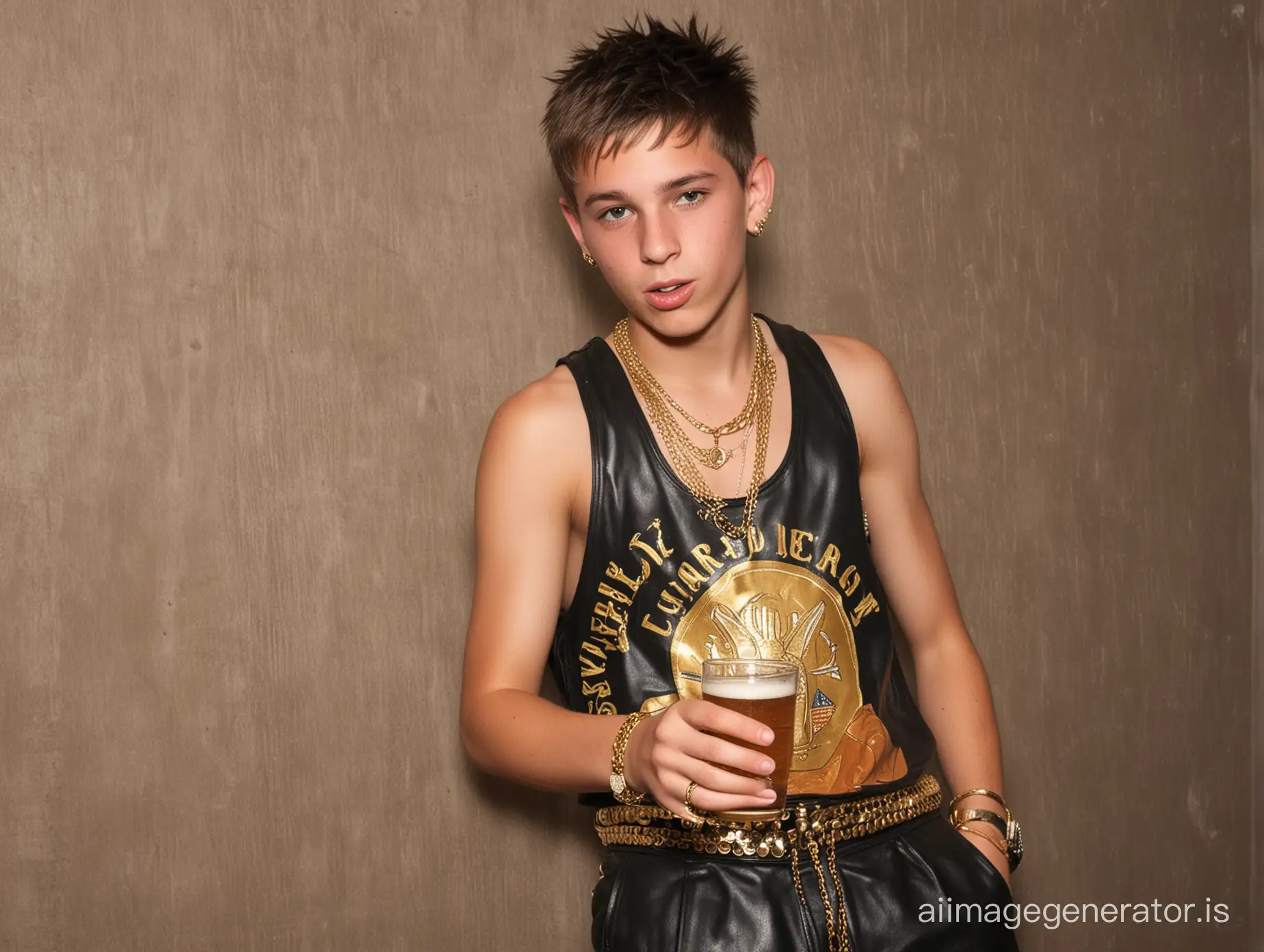 15 year old boy chav lad with leather  shorts, and tank top and loads of heavy gold jewellery and every part of his body drinking beer
