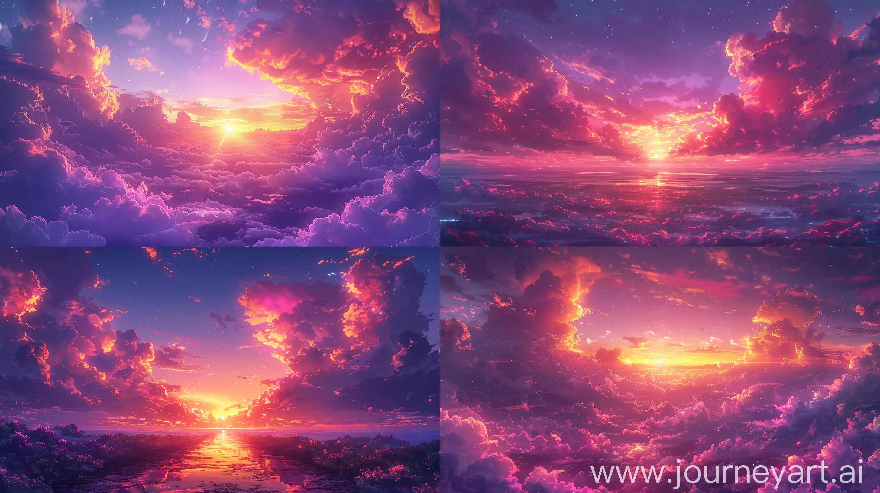 !mj1 purple, pink, orange multi-colour evening time clouds and sky, vivid and dramatic sunset, aesthetically pleasing anime-style landscape, with soft glowing light, serene and tranquil atmosphere --ar 16:9 --s 700 --v 6