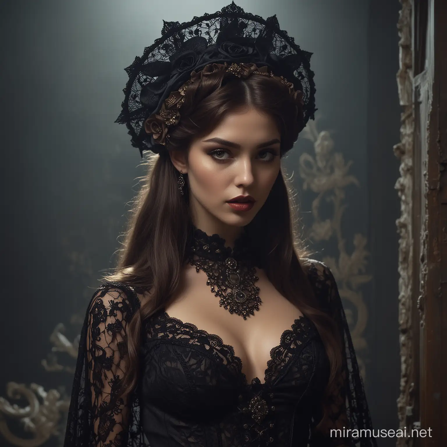 mysterious vampire goddess, gorgeous, sensual, dark fairytale, in mid century clothing, lace headwear, hazelnut dark hair, dark soft light, full-body, in the style of Versace, highly detailed, movie quality