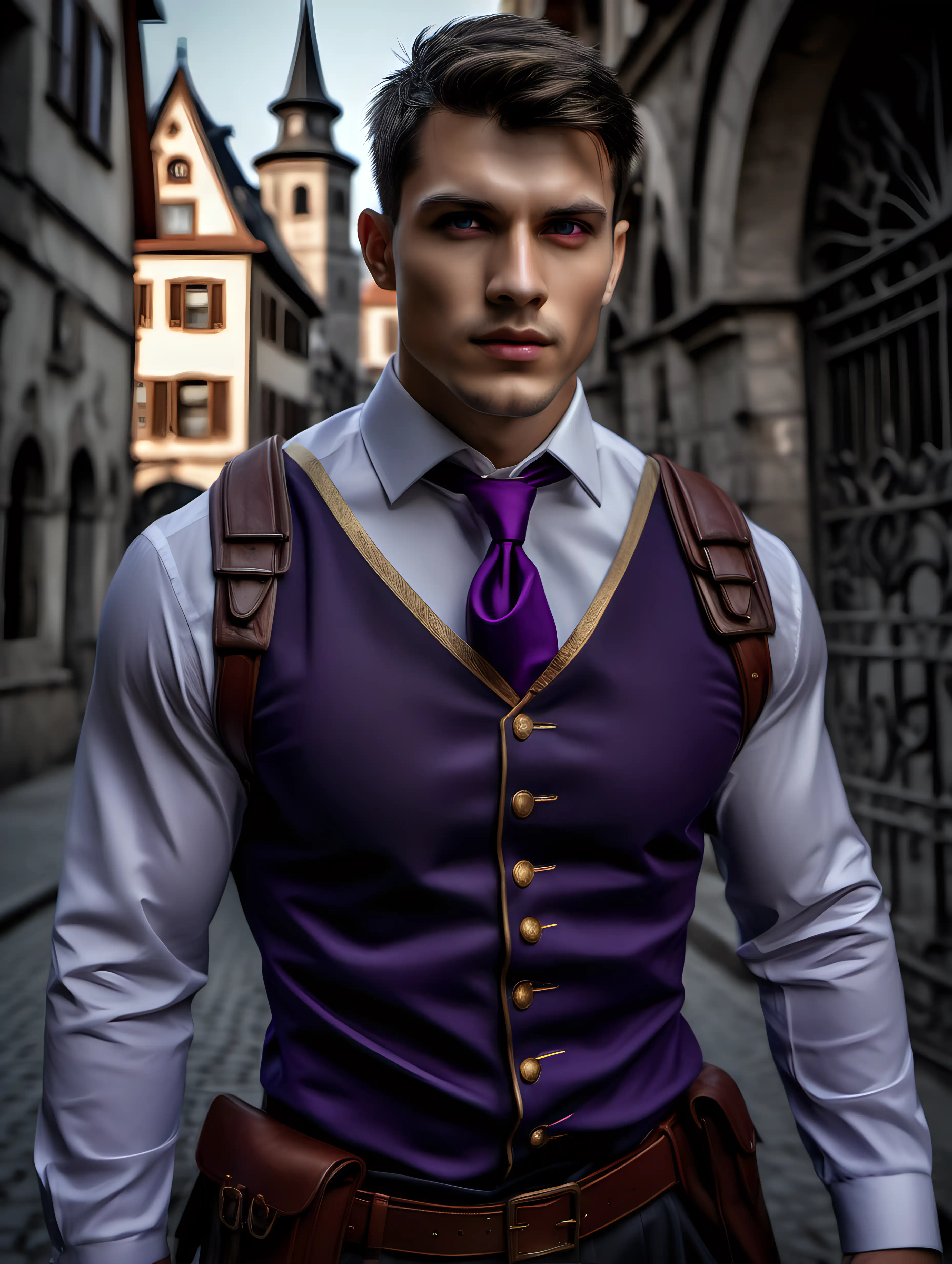 beautiful and muscular Jan Kolenik model with purple eyes in his late 20s, short brown hair, wearing an open uniform of a magical academy with very hairy chest, in the style of Jan Kolenik, standing in front of a city gate of an old town, High and short depth of field, Ray tracing, hyperdetailed, hyper realistic, epic portrait, in dynamics, rich, cinematic color grading, stunning, photorealistic, 8k, shot on Canon EOS-1D X Mark III, photorealistic painting, e video, photo taken of an epic intricate, The camera settings are carefully chosen to emphasize the soft light and the subject: an aperture of f/5. 6, ISO 200, and a shutter speed of 1/125 sec, cinematic 35mm --ar 51:91 --s1000