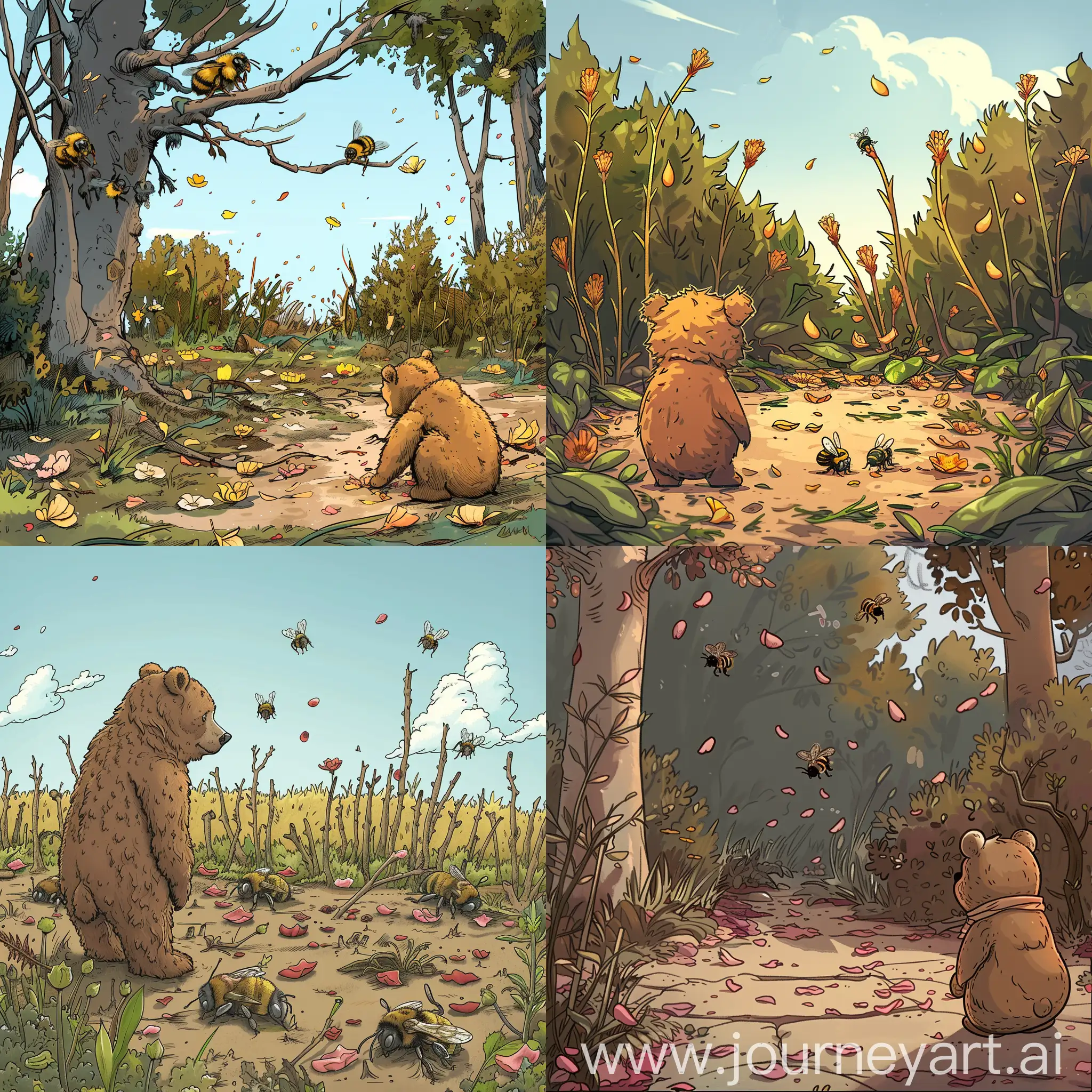 Desolate-Wasteland-Little-Bear-Contemplates-Consequences-in-Cartoon-Style