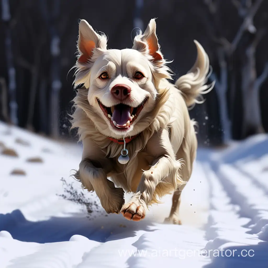 Old dog running in the snow