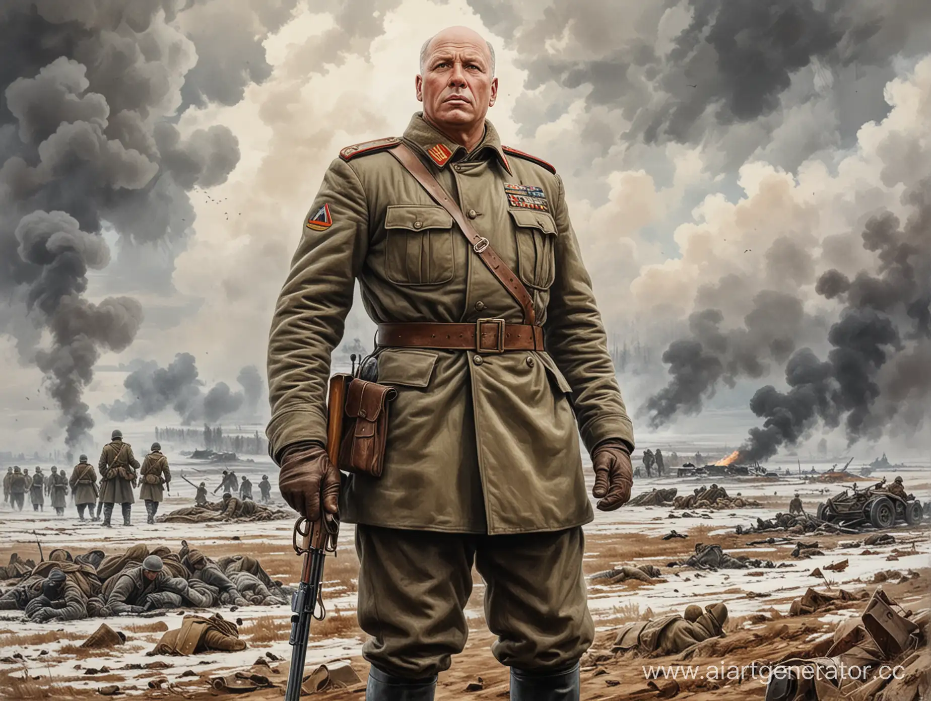 Нарисуй советского солдата Георгия Жукова стоящего на поле боя во вторую мировую войну