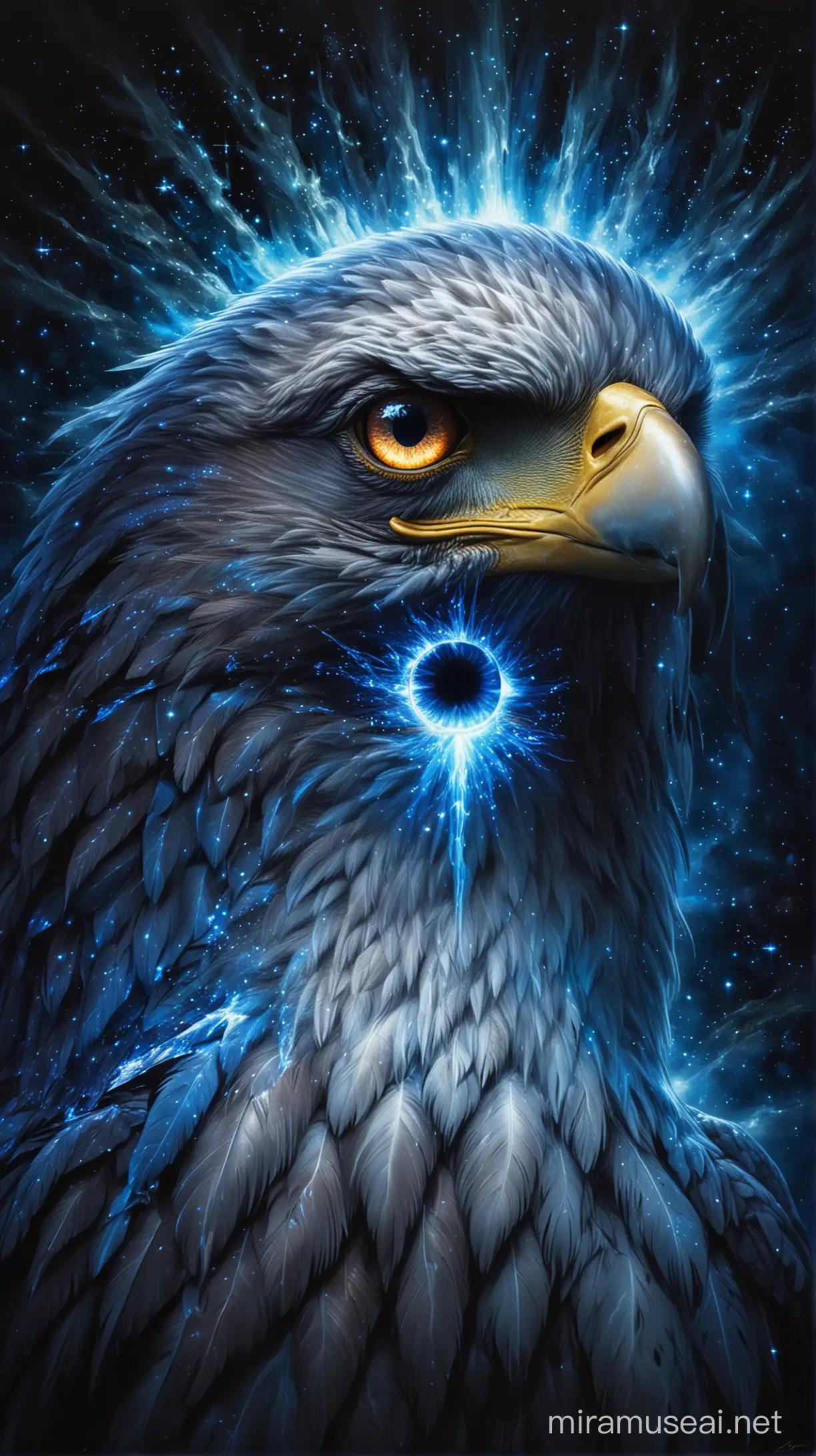 Eagle Eye Illuminated with Celestial Light and Mystical Flames