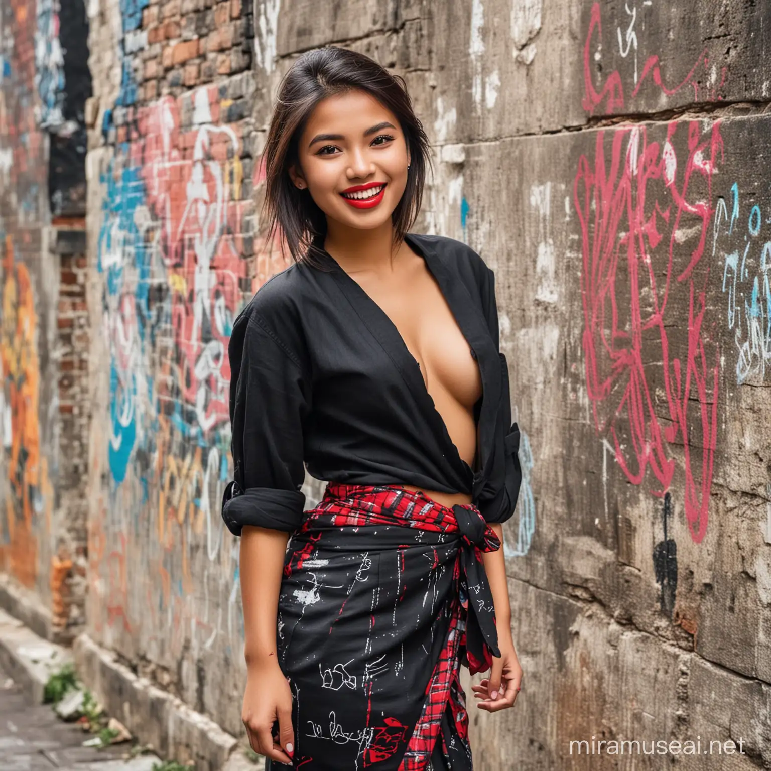a very beautiful Indonesian teenager aged 20 years, lips wearing red lipstick, standing wearing a black linen shirt, and wearing a sarong, hair styled partially tied, posing smiling, the background is an old wall covered in colorful graffiti. .