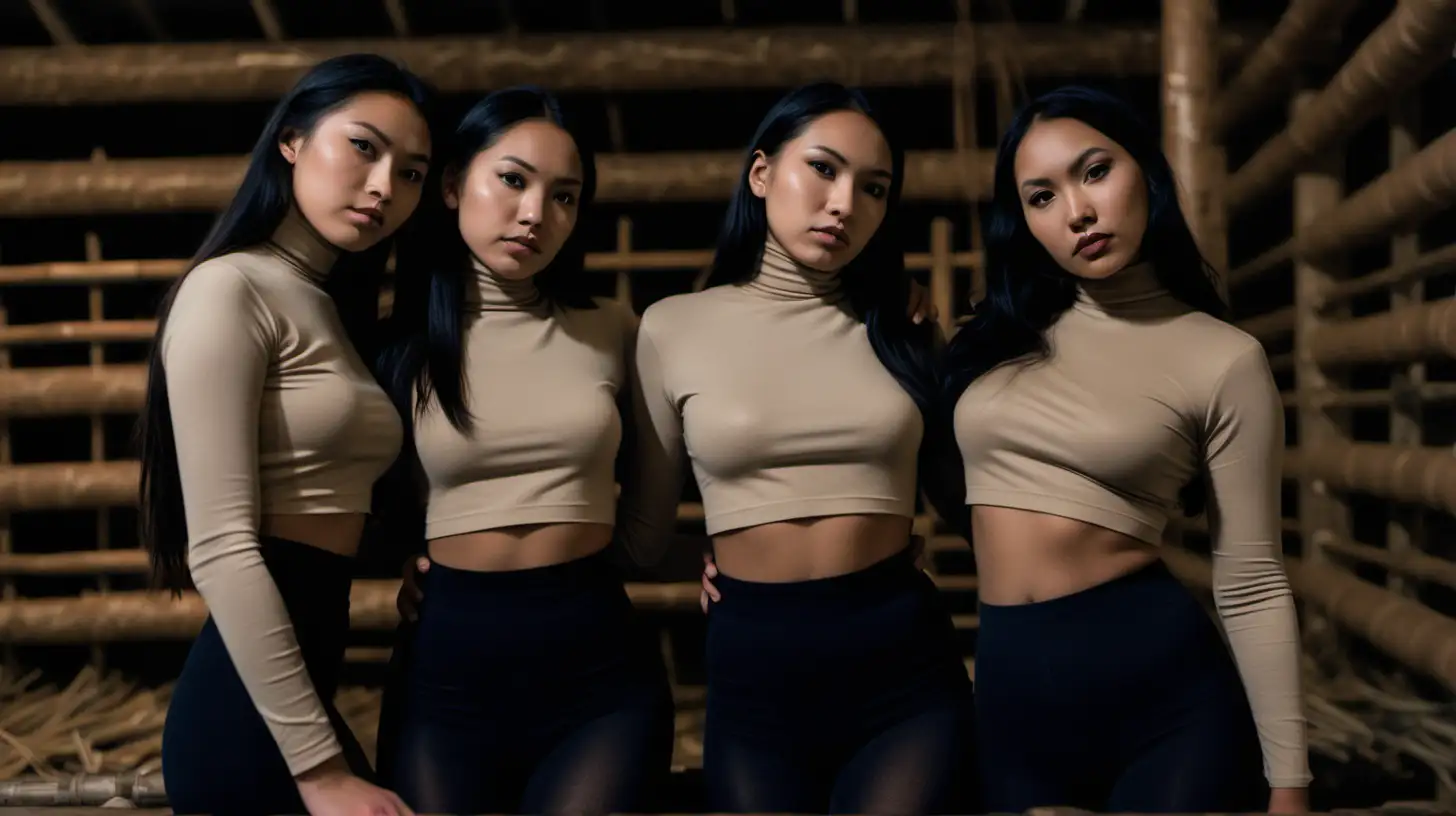 4 slender young native american women wearing tight beige turtleneck croptops and black opaque tights in a longhouse cuddling 