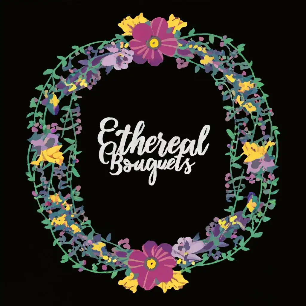 logo, Black and yellow and purple flowers entangled in vines and bouquets of flowers that cover the letters that spell "ethereal bouquets" , with the text "Ethereal Bouquets", typography, be used in Beauty Spa industry