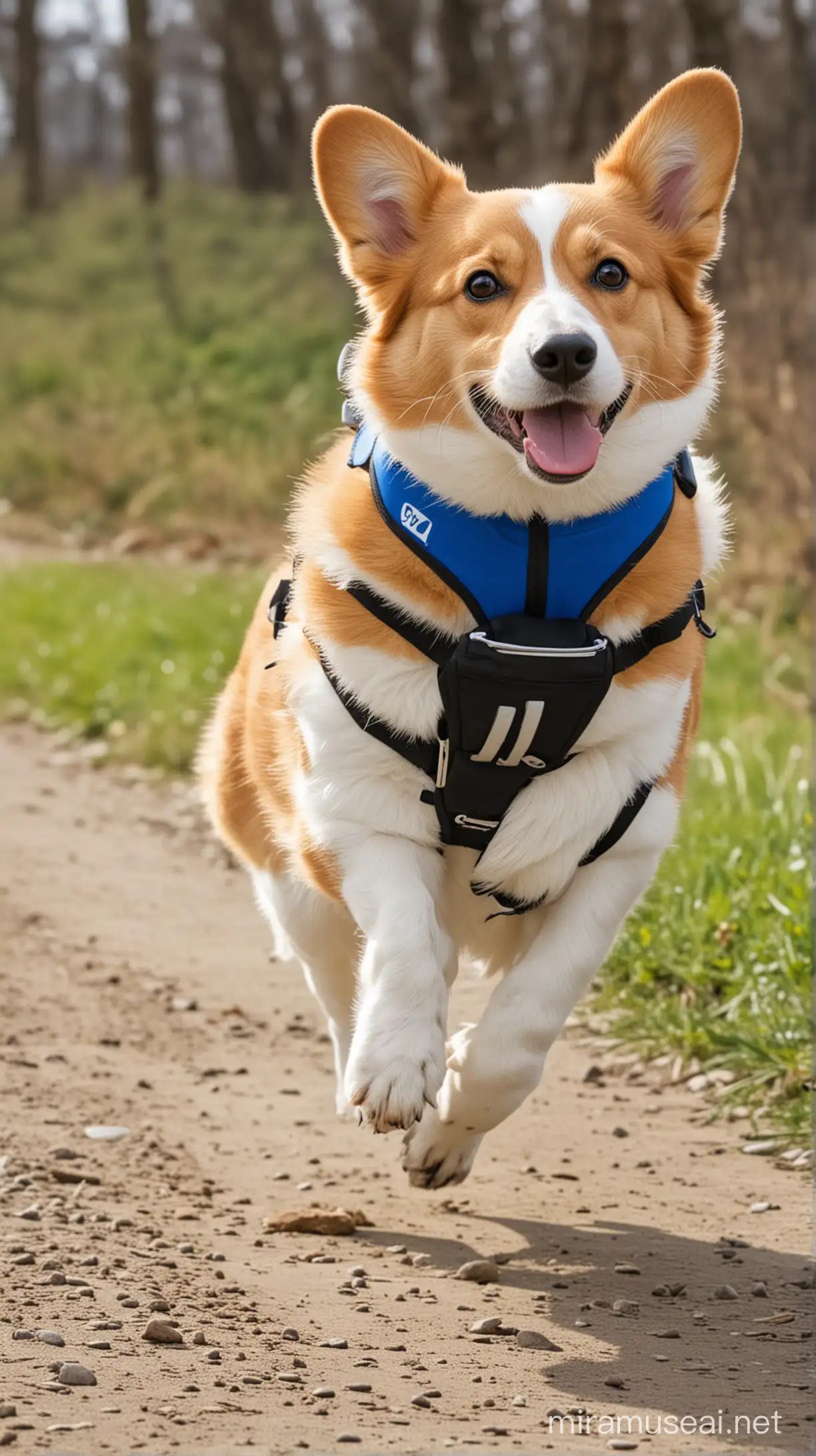 Corgi running with complete running gear and jersey