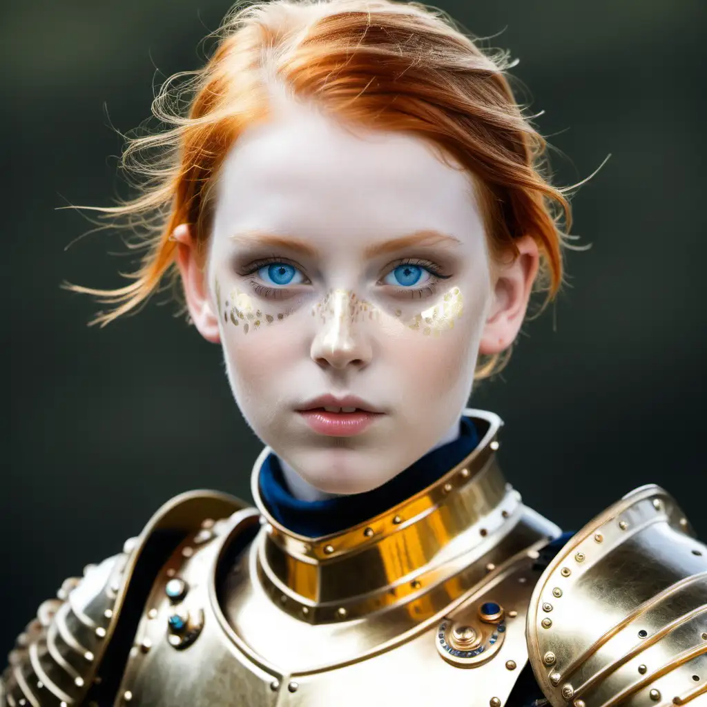 Young Redhead in Striking Gold Armor with Piercing Blue Eyes