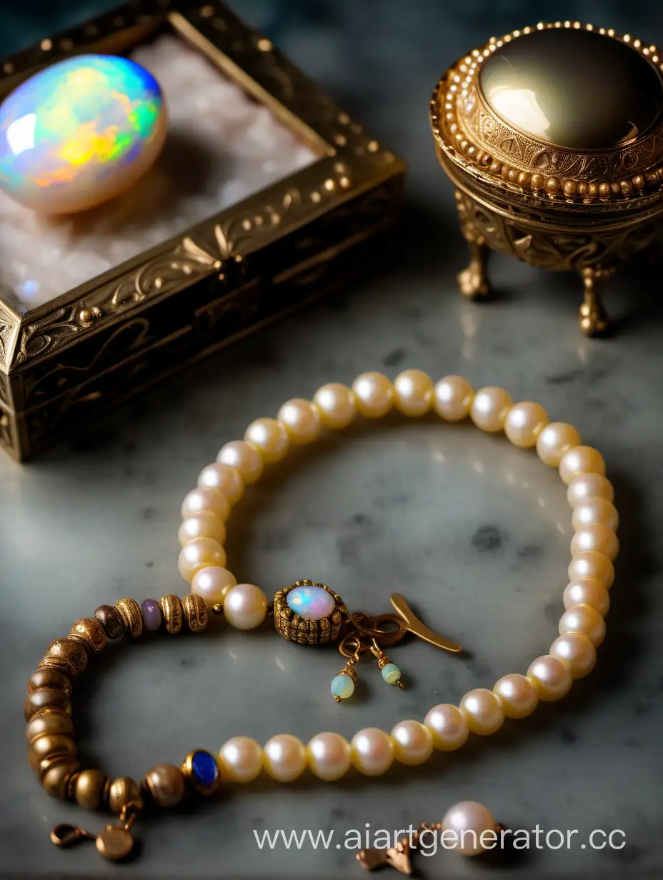Vintage-Light-Table-with-Golden-Pearl-Bracelet-and-Antique-Casket