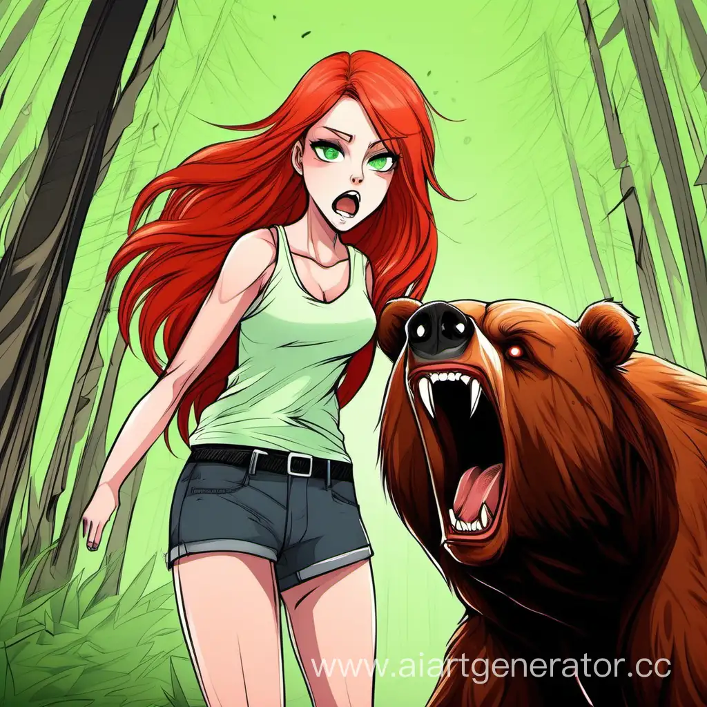 Агрессивный бурый медведь рядом с рыжей зеленоглазой сексуальной девушкой 
