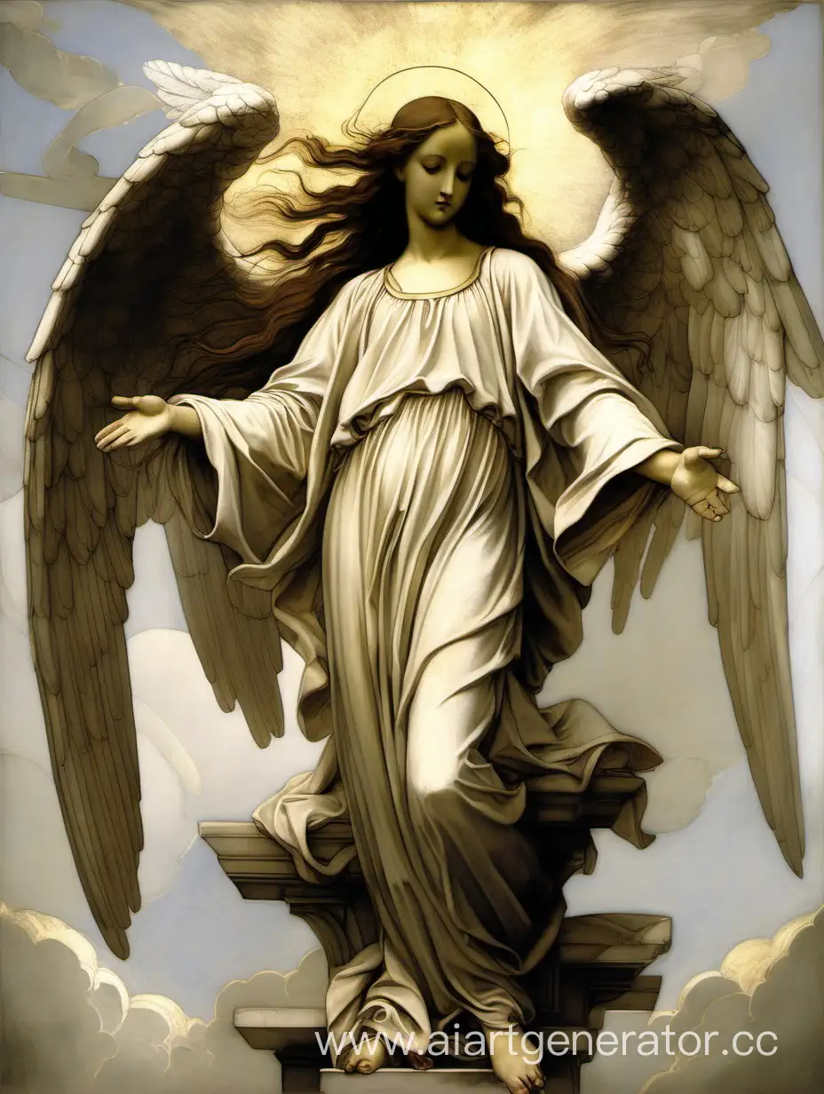 Ангел с раскрытыми крыльями, с опущенным взглядом в полный рост, с птицей в руках, голова в наклоне, длинные волосы