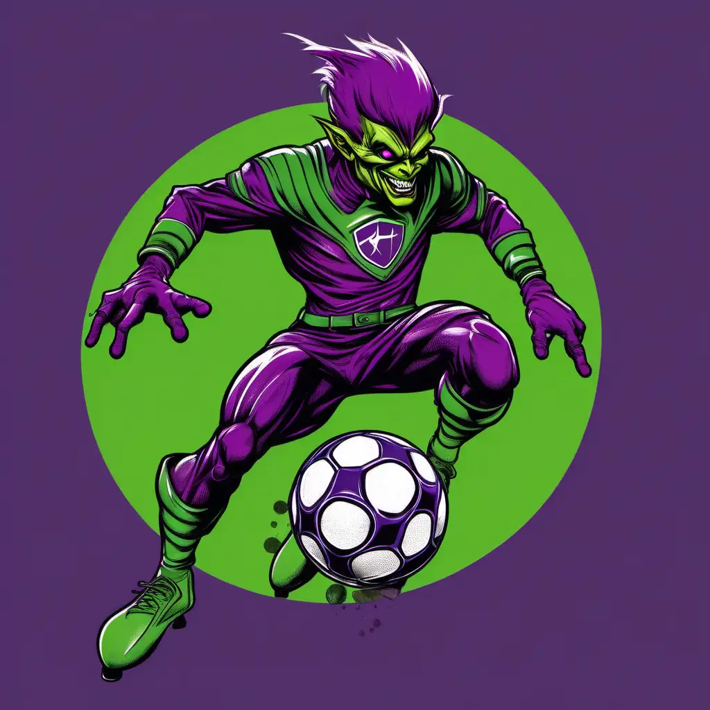 green goblin wearing purple uniform kicking a soccer ball, t-shirt design