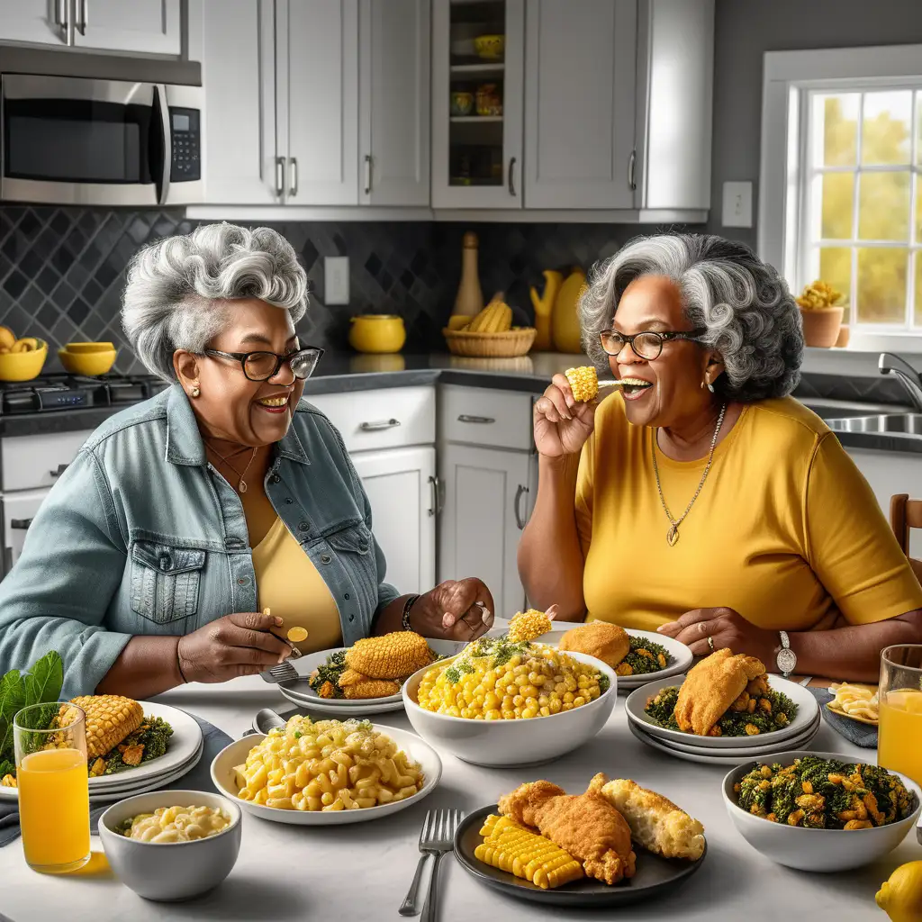 hyper realistic Beautiful black older grandmother and her husband wearing  gray hairstyles, sitting at their beautiful luxury modern kitchen table ,eating Soul Food dinner with their beautiful black family. They are drinking ice tea with lemons, they are eating, golden fried chicken, corn on the cob, collard greens, macaroni and cheese, biscuits. All plates have a piece of chicken, collard greens, a biscuit, corn on cob, macaroni and cheese on it.