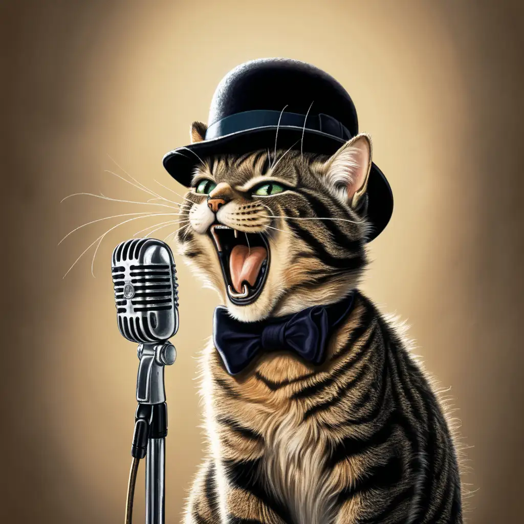 dirty alley cat, singing on an antique microphone, dishevelled with 5 o'clock shadow and wearing a bowler hat 