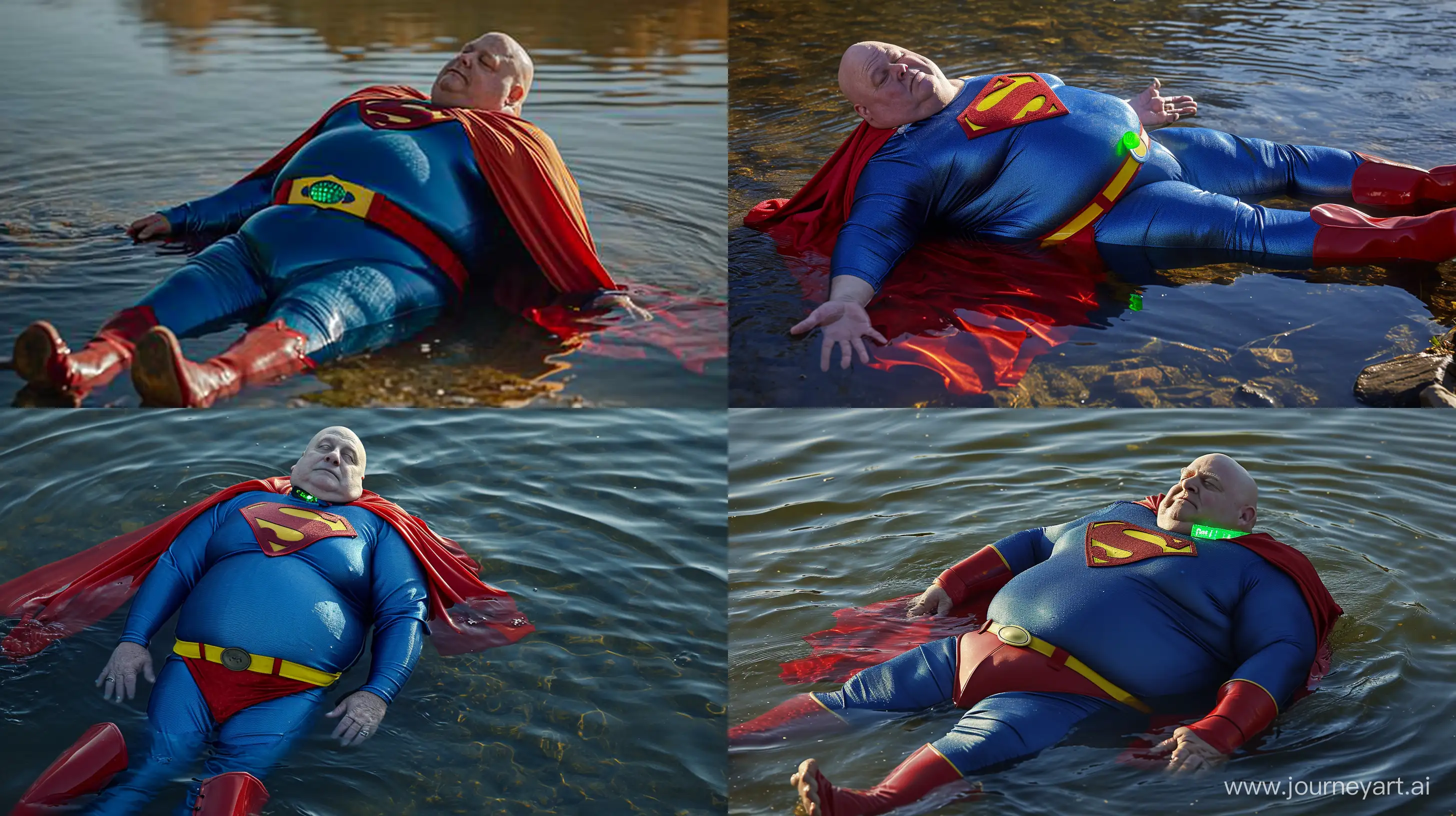 Close-up photo of a chubby man aged 60 lying in the water and wearing a tight blue silky superman costume large red cape red boots royal blue shirt royal blue pants yellow belt and red trunks and a green glowing small short dog collar on the neck. River Outside. Natural light. Bald. Clean Shaven. --style raw --ar 16:9 --v 6