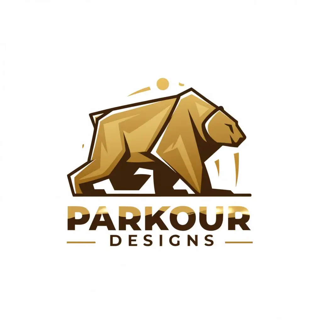 a logo design,with the text "PARKOUR DESIGNS", main symbol:gold logo, gold bear,Moderate,clear background