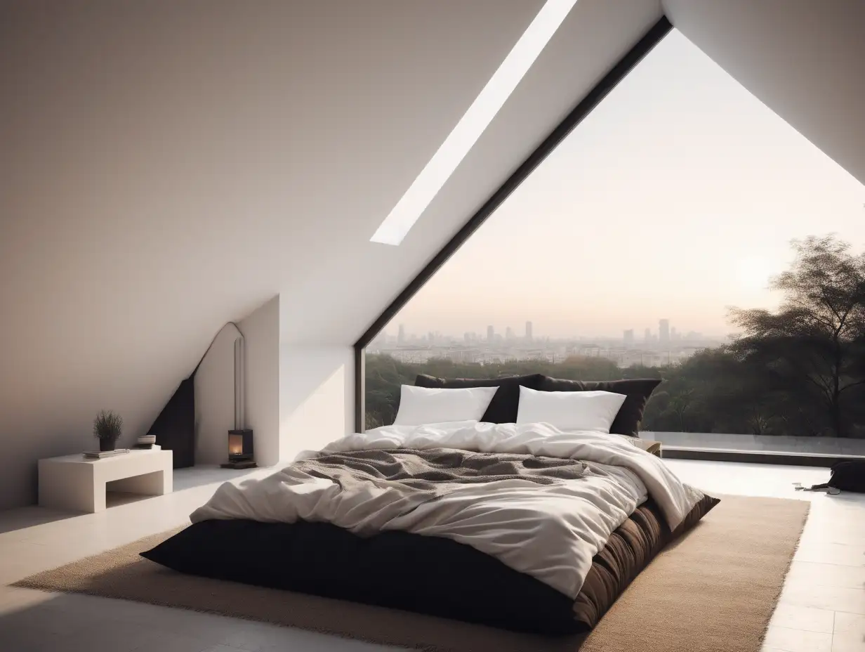  minimalis bedroom, high cube roof, normal shape, evening, comfort place, broken white-brown-black tone, latte beanbag, clean view, wide room, diagonal angle, Split tonning, --v 6