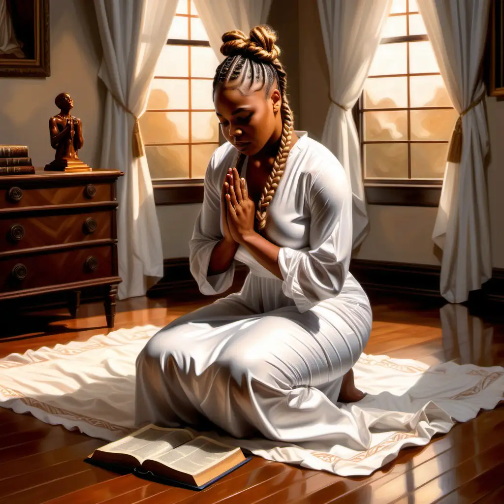 Create a realistic  oil paint of a beautiful caramel African American  big size female full body she is wearing her twist braids in two buns and  she is wearing a luxury modesty long white dress she is kneeling down praying in her room . There is a Bible open in front of her on the floor 