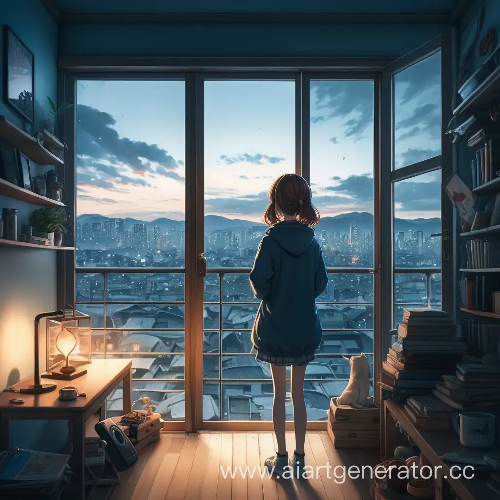 Девушка смотрит в окно, холодное освещение, одиночество, вид сзади, много предметов вокруг, стиль аниме