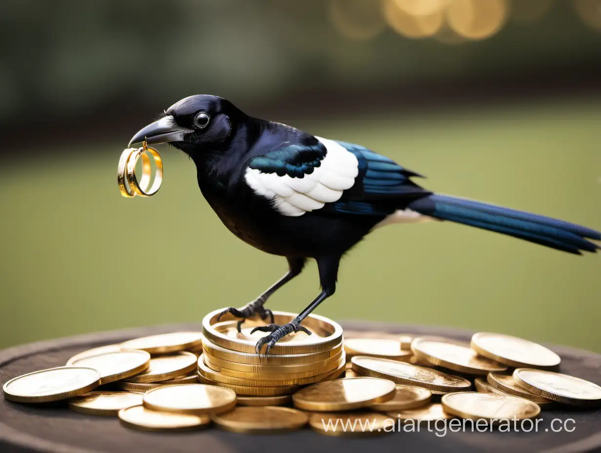 Magpie-Holding-Wedding-Rings-on-Golden-Coins