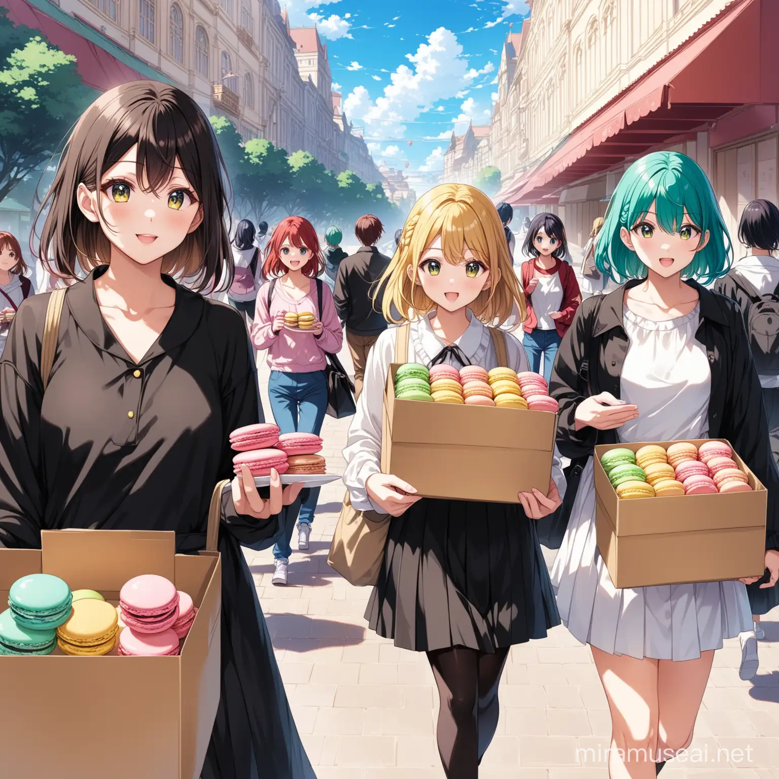 anime fans walking around with boxes of character macarons