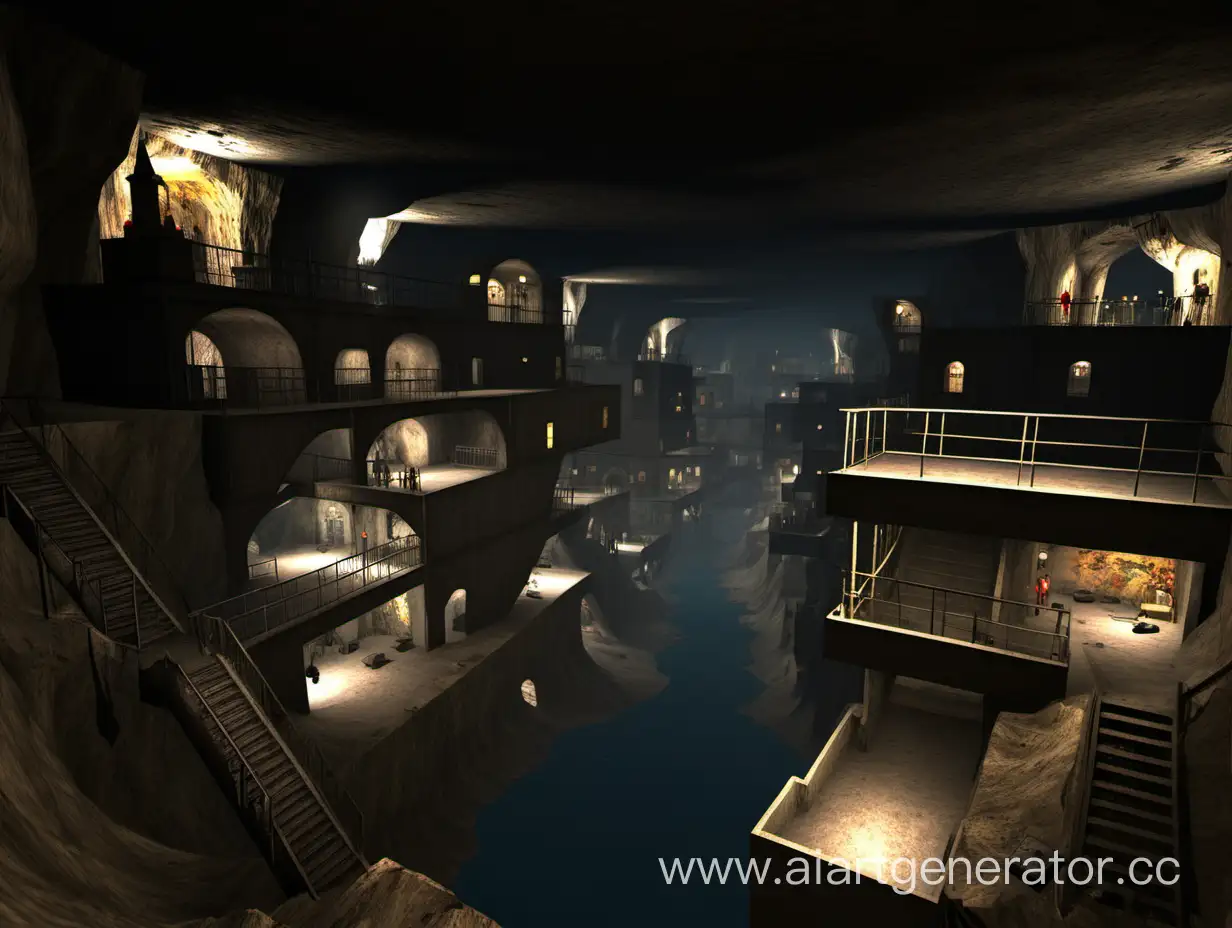 Многоэтажный подземный город гетто в большой пещере в стиле игры Garry's Mod