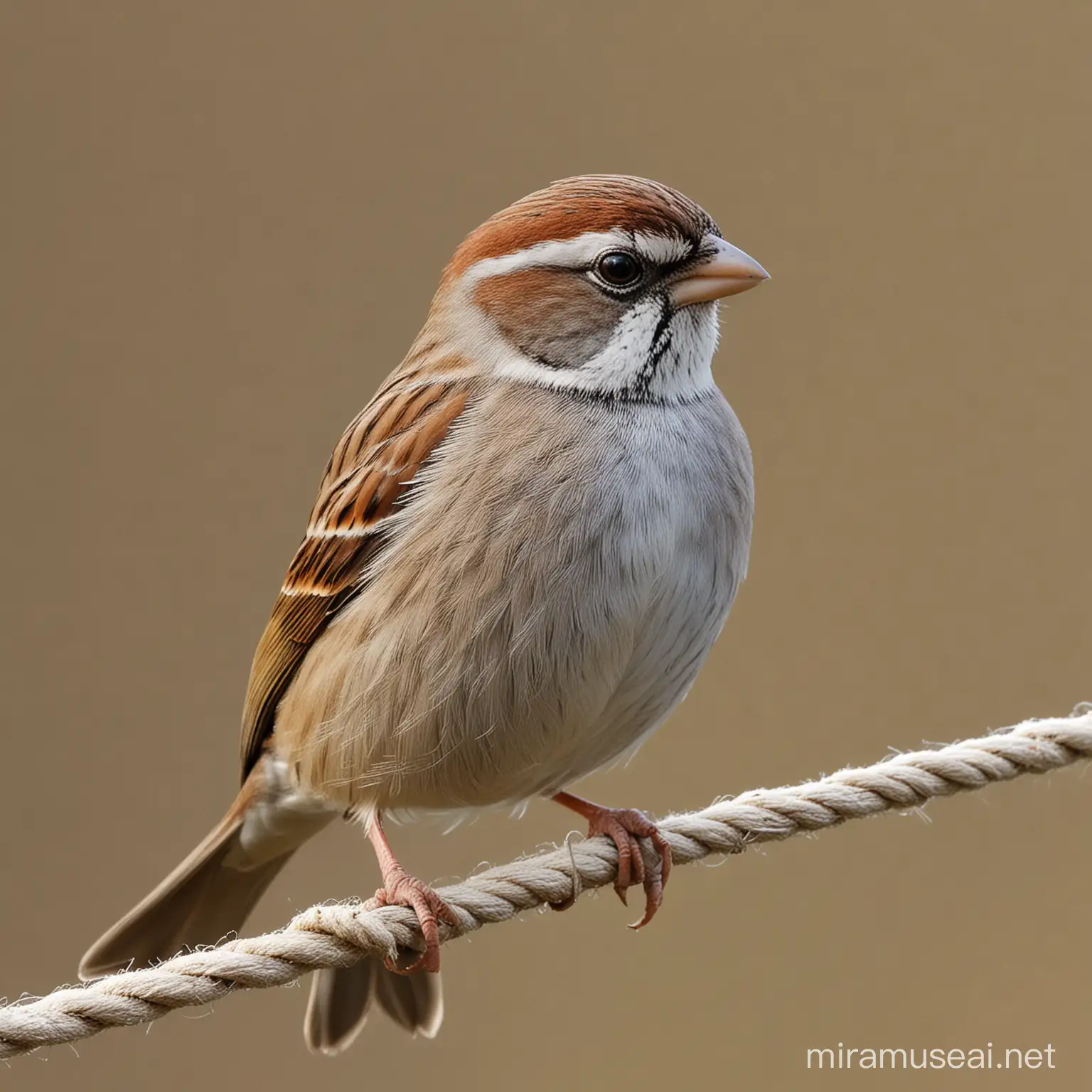 A sparrow with a rope around its neck